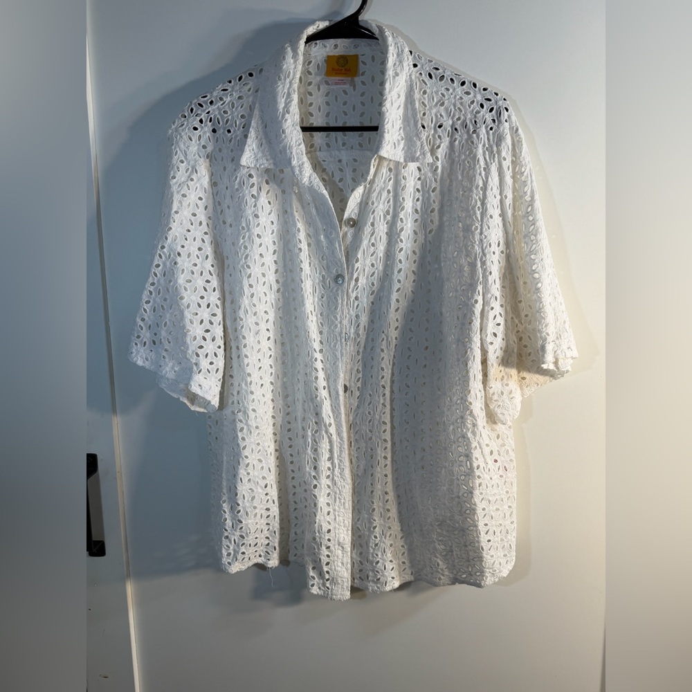 Ruby Rd. White Eyelet Short Sleeve Button Down Collared Blouse 20W - Picture 2 of 5